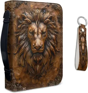 Lotusorchid Lion Print Bible Case for Men with Leather Keychain, PU Leather Bible Carrying Case Bible Tote Bag Church Bag with Zipper Handle, Bible Book Cover for Bible Study, Brown, Size XL