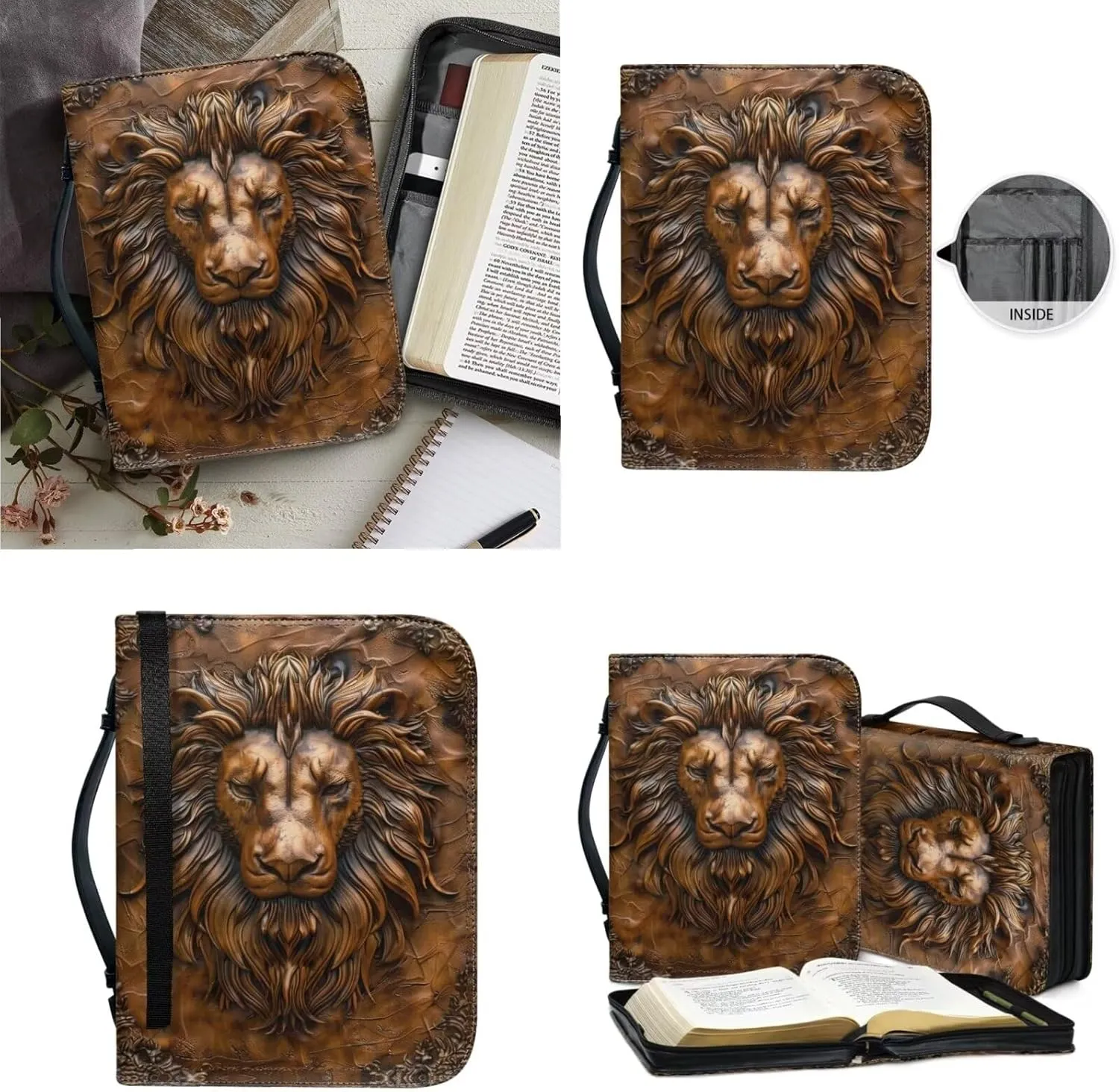 Lotusorchid Lion Print Bible Case for Men with Leather Keychain, PU Leather Bible Carrying Case Bible Tote Bag Church Bag with Zipper Handle, Bible Book Cover for Bible Study, Brown, Size XL