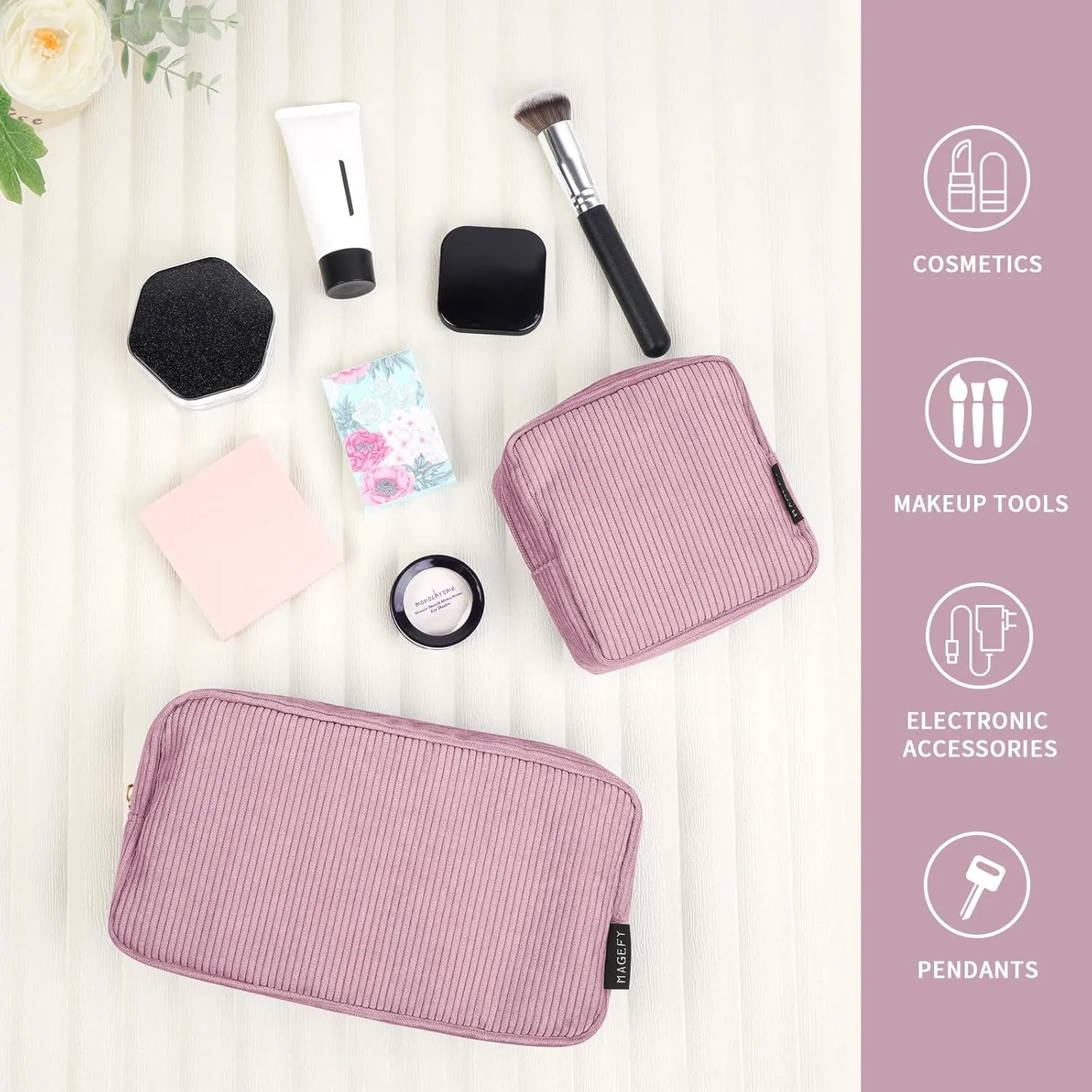 MAGEFY Small Makeup Bag for Purse Mini Cosmetics Bag Corduroy Cute Cosmetic Pouch for Women with Slip-in Pockets