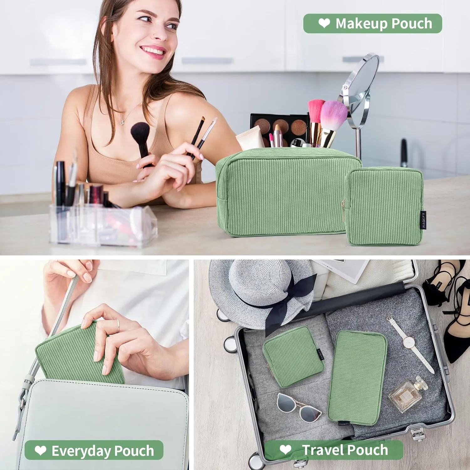 MAGEFY Small Makeup Bag for Purse Mini Cosmetics Bag Corduroy Cute Cosmetic Pouch for Women with Slip-in Pockets