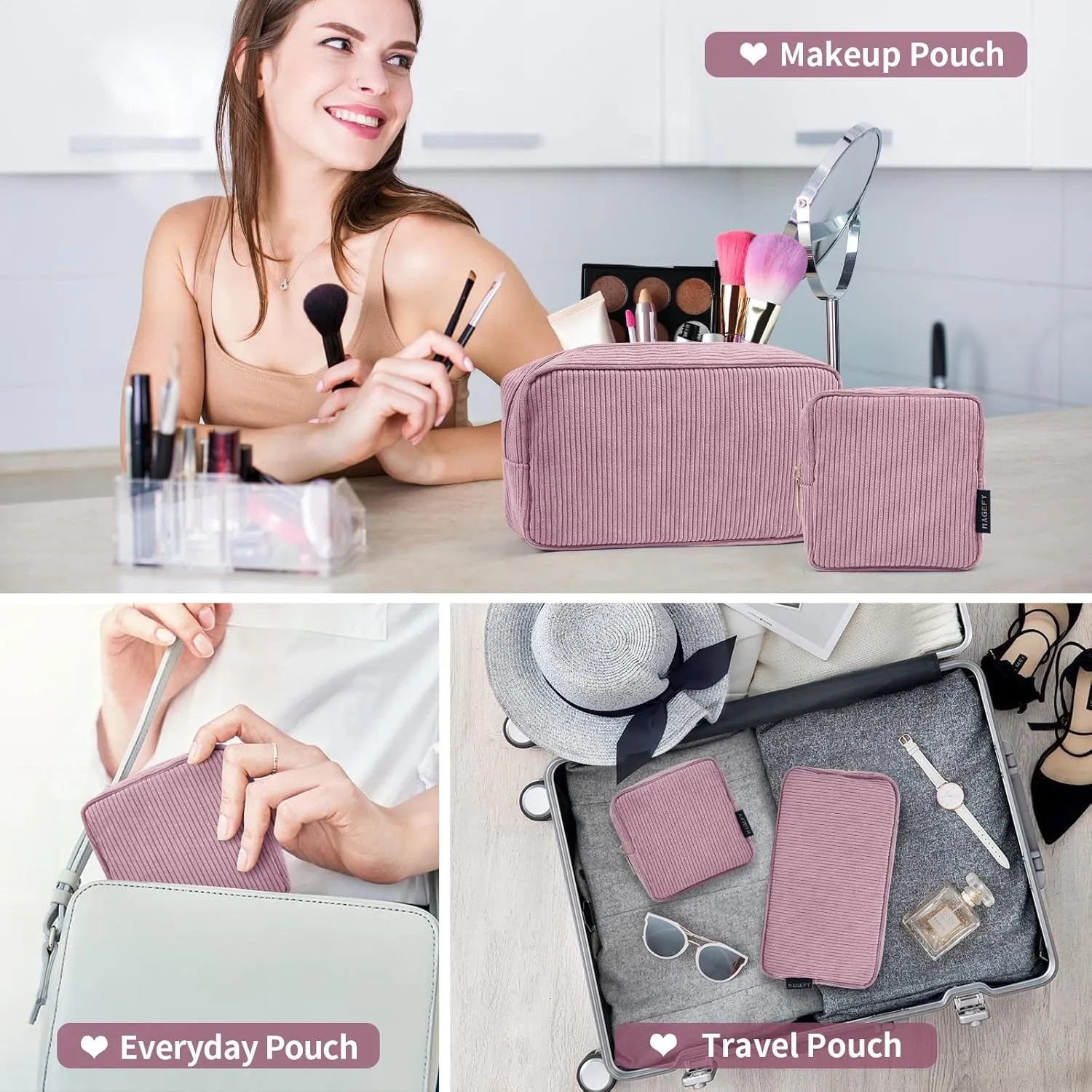 MAGEFY Small Makeup Bag for Purse Mini Cosmetics Bag Corduroy Cute Cosmetic Pouch for Women with Slip-in Pockets