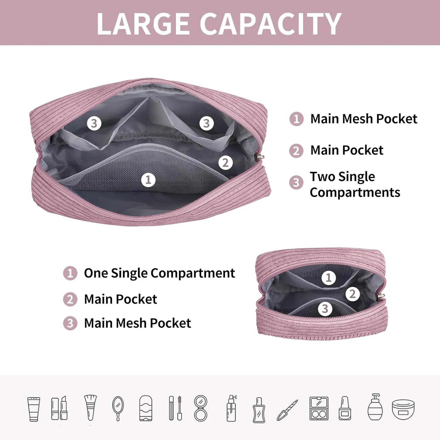MAGEFY Small Makeup Bag for Purse Mini Cosmetics Bag Corduroy Cute Cosmetic Pouch for Women with Slip-in Pockets