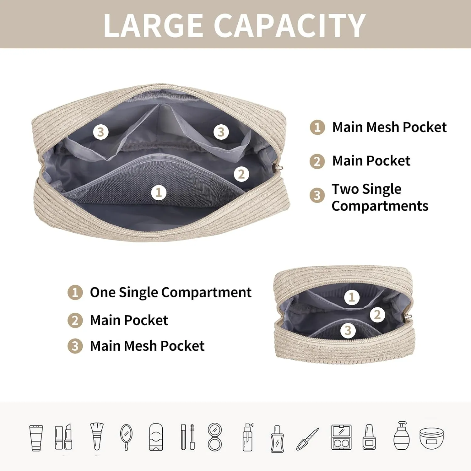 MAGEFY Small Makeup Bag for Purse Mini Cosmetics Bag Corduroy Cute Cosmetic Pouch for Women with Slip-in Pockets