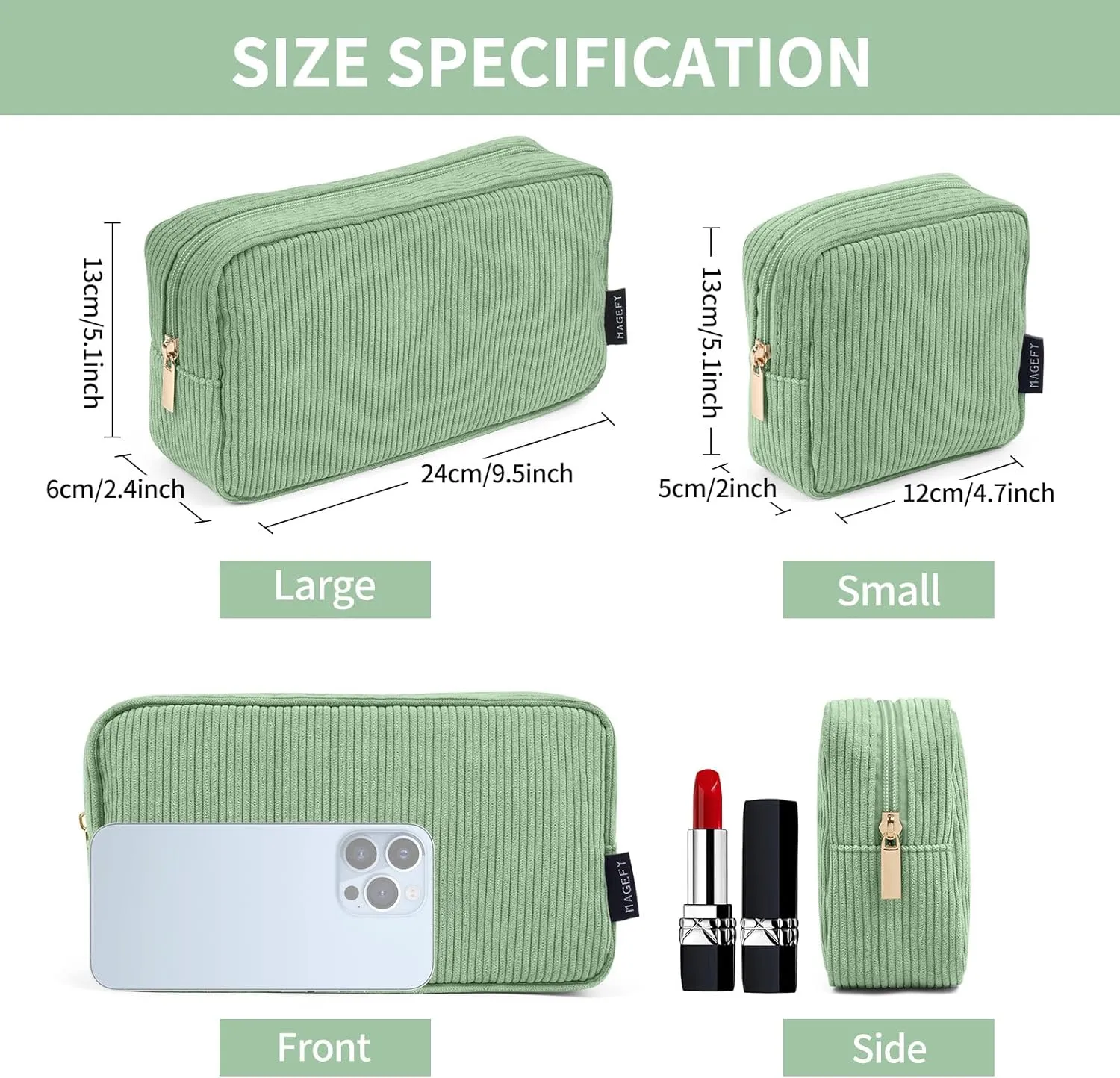 MAGEFY Small Makeup Bag for Purse Mini Cosmetics Bag Corduroy Cute Cosmetic Pouch for Women with Slip-in Pockets