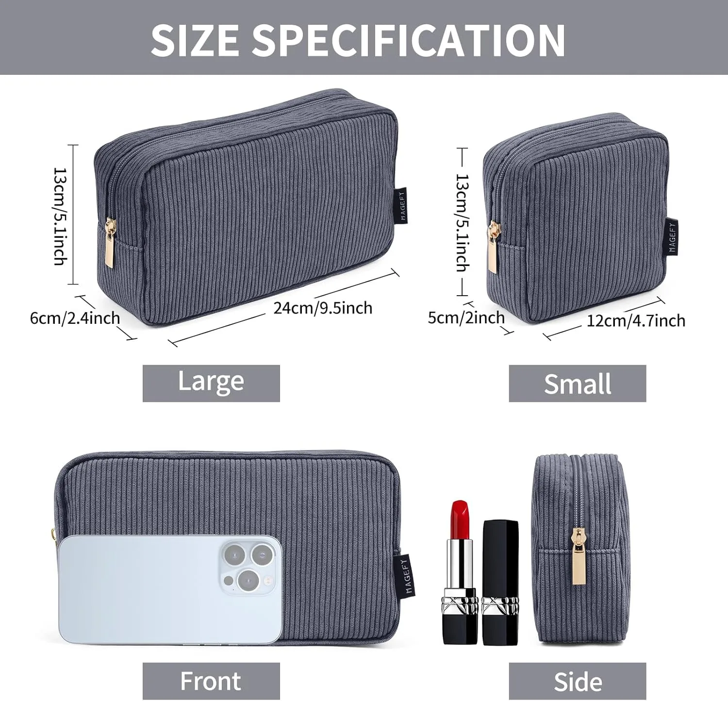 MAGEFY Small Makeup Bag for Purse Mini Cosmetics Bag Corduroy Cute Cosmetic Pouch for Women with Slip-in Pockets