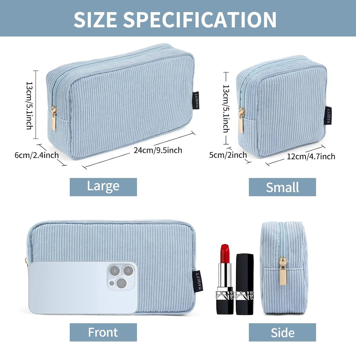 MAGEFY Small Makeup Bag for Purse Mini Cosmetics Bag Corduroy Cute Cosmetic Pouch for Women with Slip-in Pockets