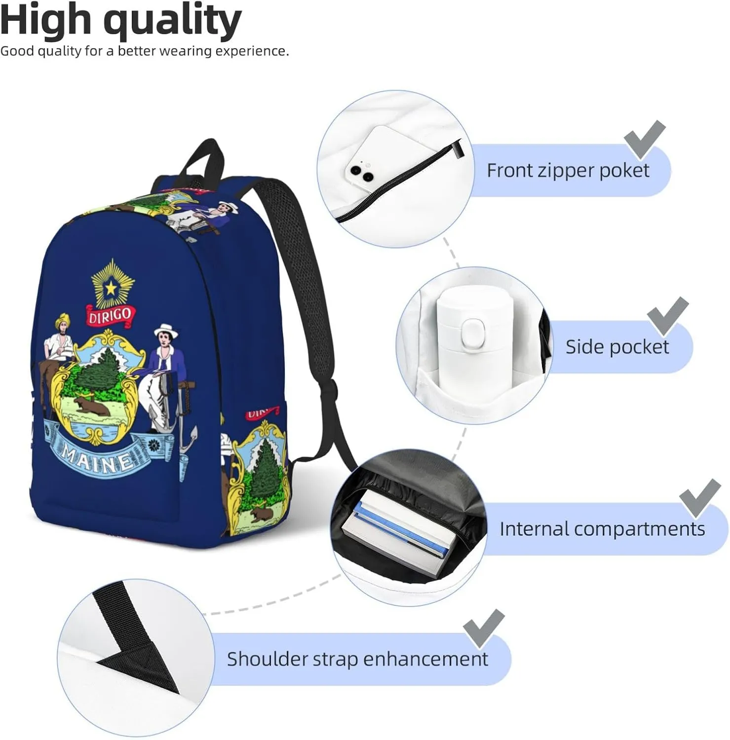 Maine State Flag print Large Laptop Backpack for Women, Work Business Backpacks College Bookbag for School