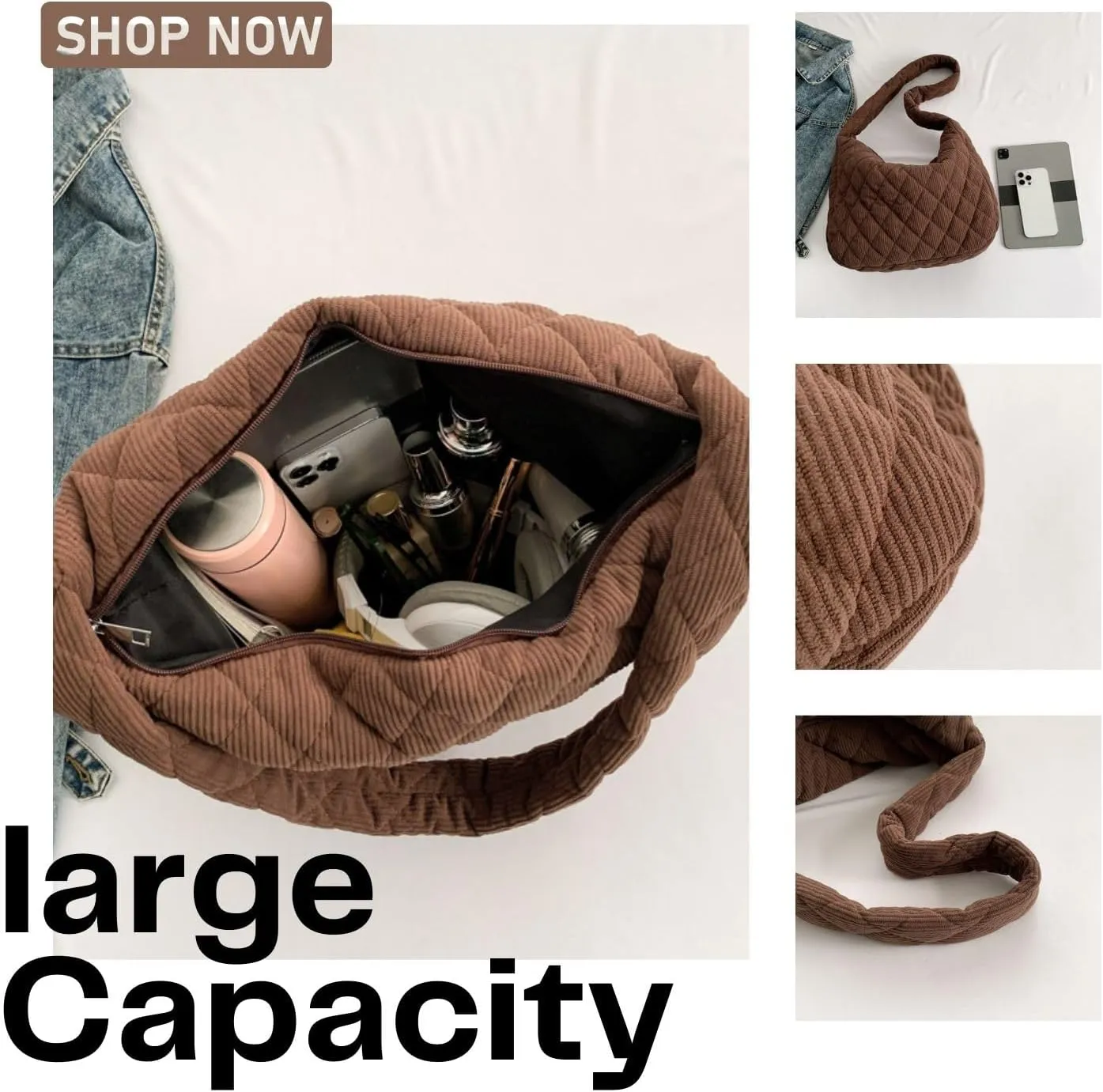 Makukke Corduroy Tote Bag - Women's Shoulder Handbag - Big Capacity Hobo - Casual Work Shopping