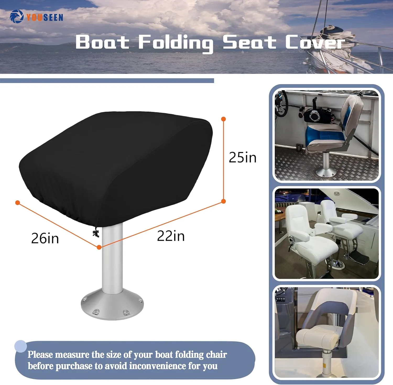 Marine Grade Boat Folding Chair Cover(2 Pack),HUV Resistant Chair Covers for Yacht, Fishing Boat & Kayak (Black, 24" L x 22" W x 25")