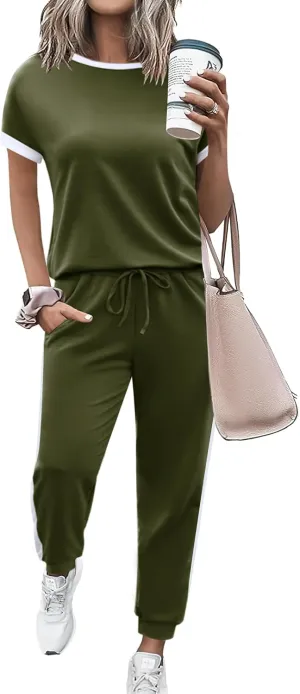 Marvmys Women Short Sleeve Tracksuit Set 2 Piece Sweat Set Outfits Color Block Jogging Suits with Pockets