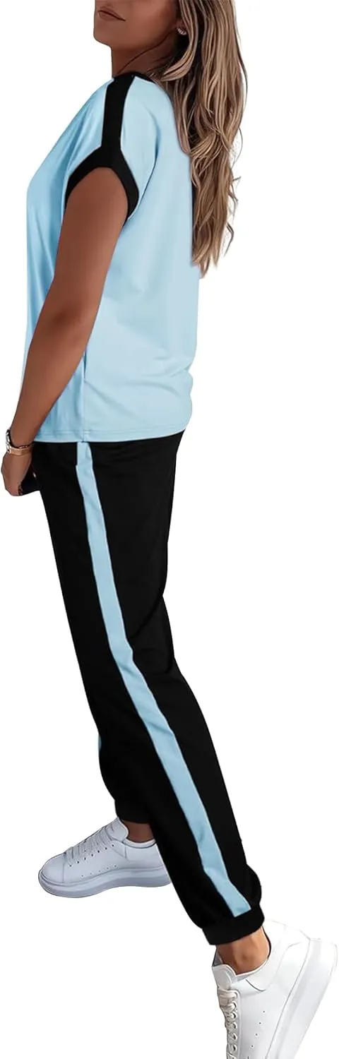 Marvmys Women Short Sleeve Tracksuit Set 2 Piece Sweat Set Outfits Color Block Jogging Suits with Pockets