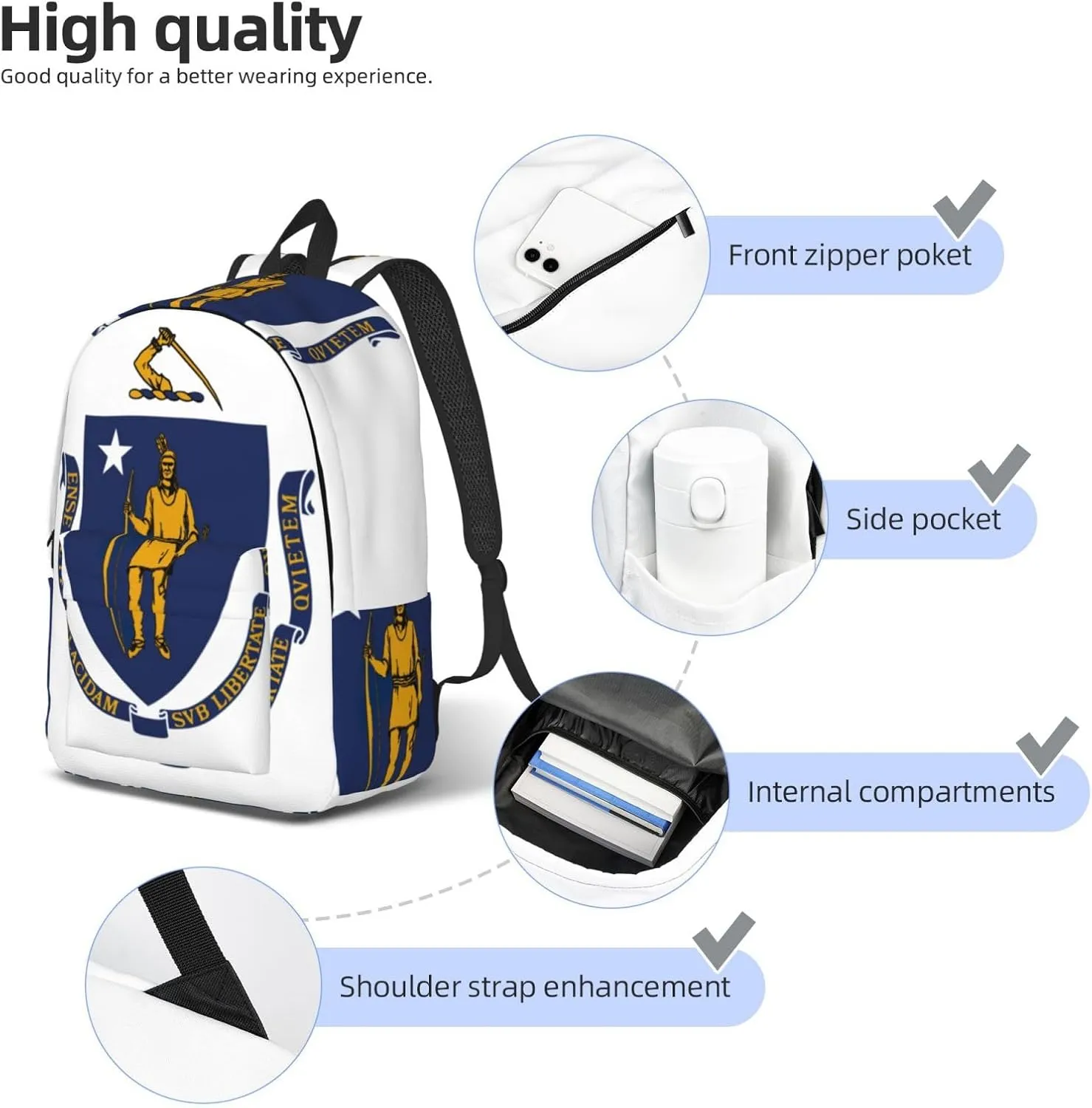Massachusetts State Flag print Backpack Travel Backpacks for Women Men College Backpack Computer Bag for Travel