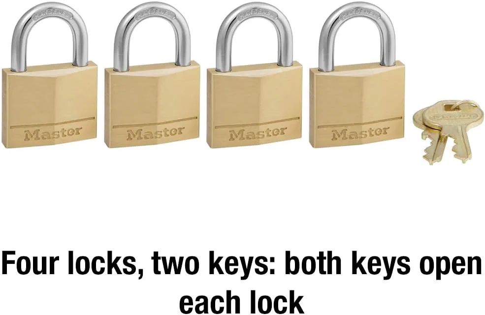 Master Lock 140Q Solid Padlocks, 4 Pack, Keyed-Alike, Brass, Silver