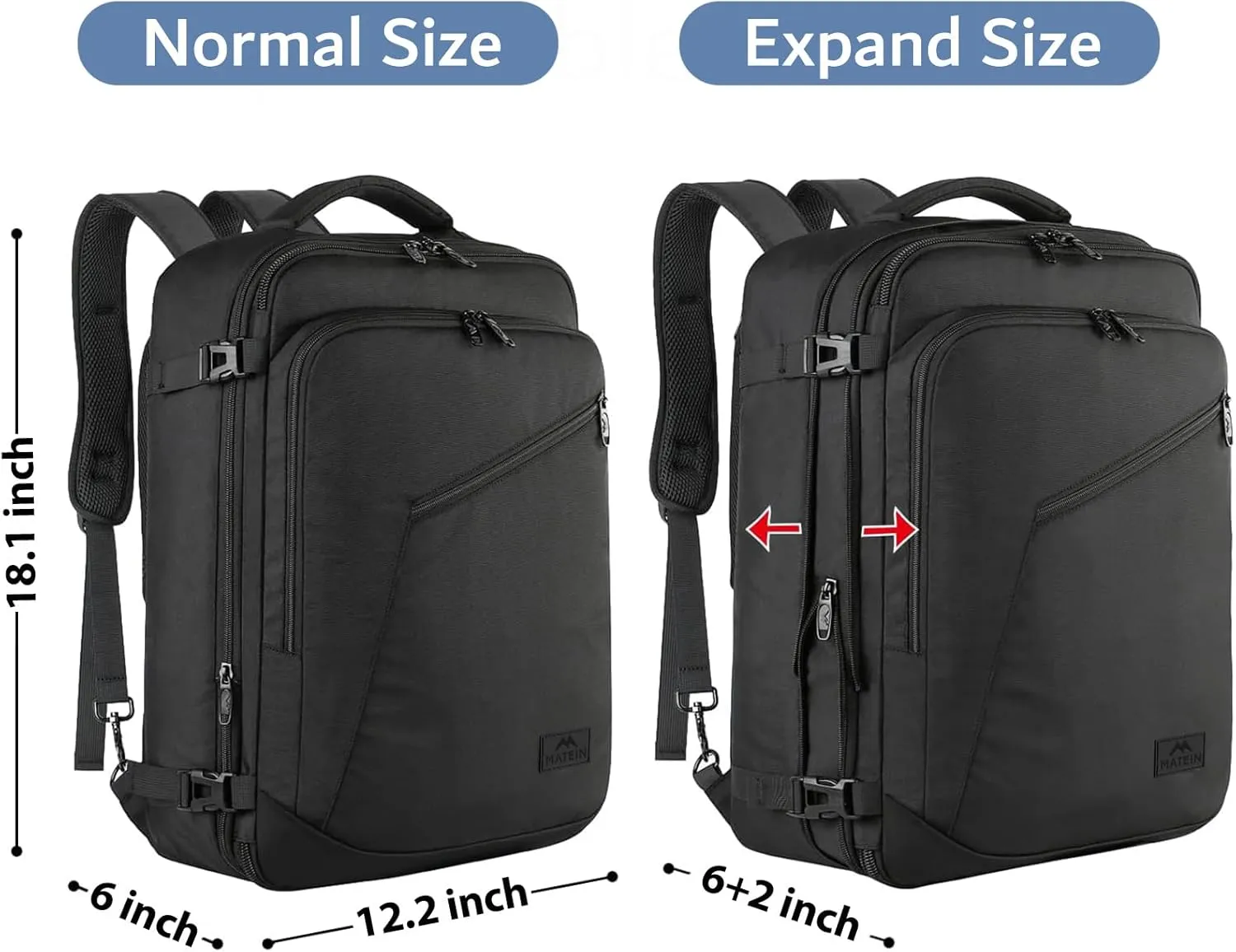 MATEIN Mens Travel Backpack, 27L Lightweight Carry on Backpack for Women, Expandable Business Backpacks, Waterproof Hiking Daypack for Outdoor Sports Rucksack Casual Daypack, Travel Essential, Black