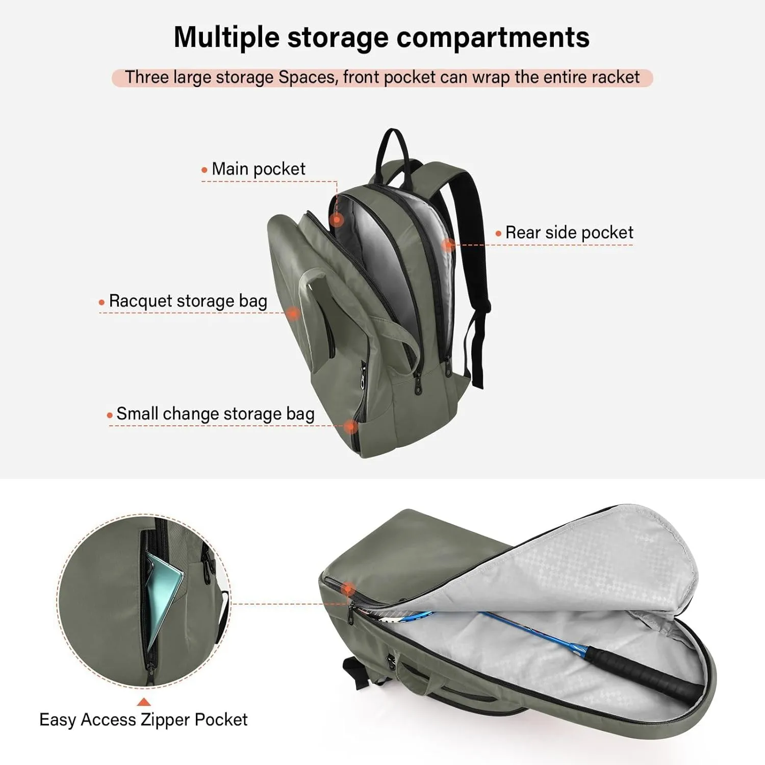 MCHIVER Tennis Bags for Men Women Tennis Backpack Hold 2 Rackets Badminton Racquet Backpack 11.81 * 7.87 * 17.11in