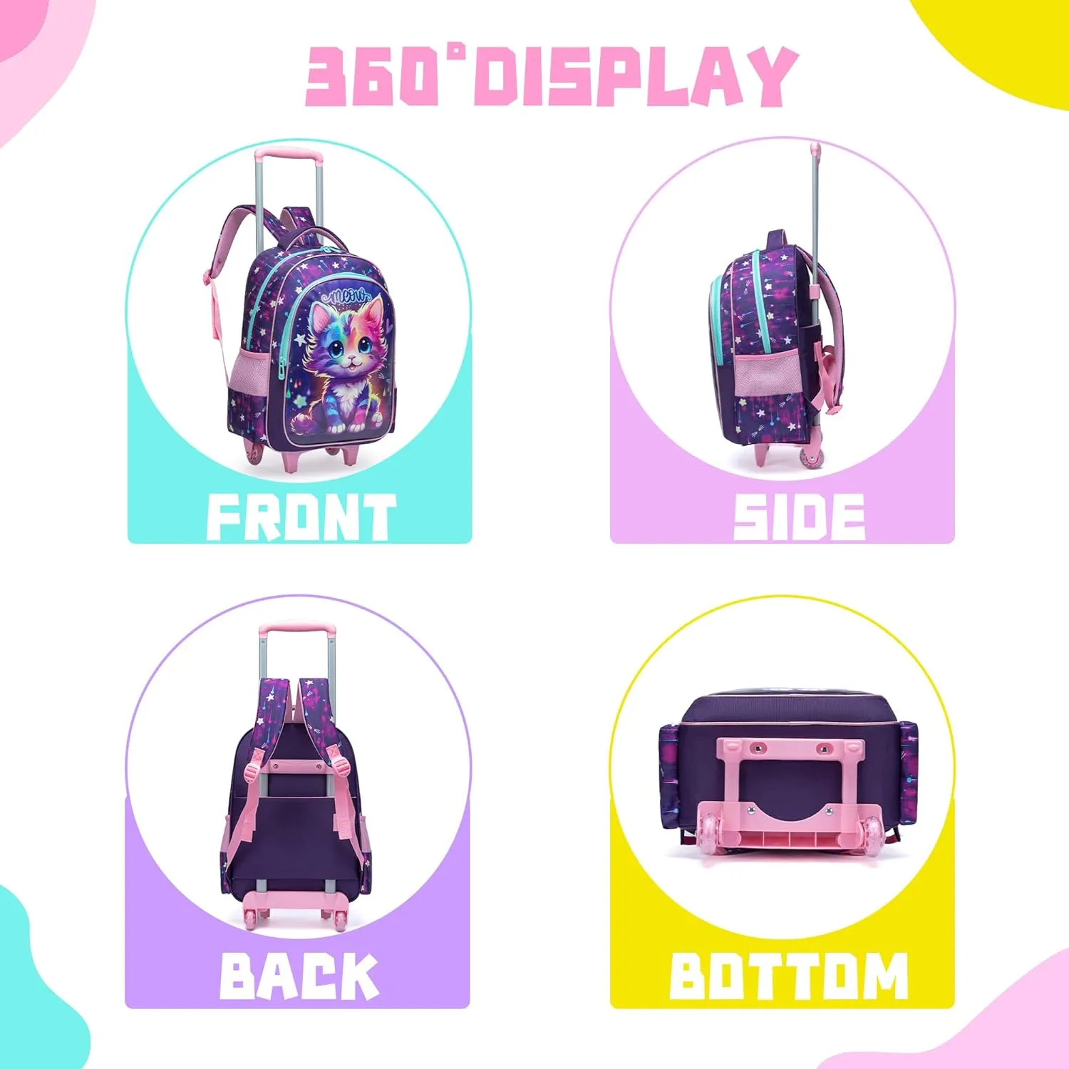 Meetbelify Rolling Backpacks for Girls Backpacks with Wheels for Elementary Students Kids Travel Luggage for Girls Ages 6-8