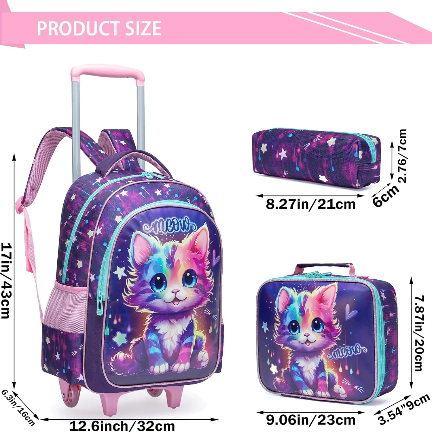 Meetbelify Rolling Backpacks for Girls Backpacks with Wheels for Elementary Students Kids Travel Luggage for Girls Ages 6-8
