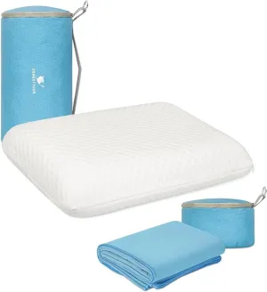 Memory Foam Camping Pillow with Fast Drying Towel Firm Travel Pillow for Sleeping Portable White Pillow with Traveling Storage Bag Machine Washable Ideal for Backpacking Airplane Car