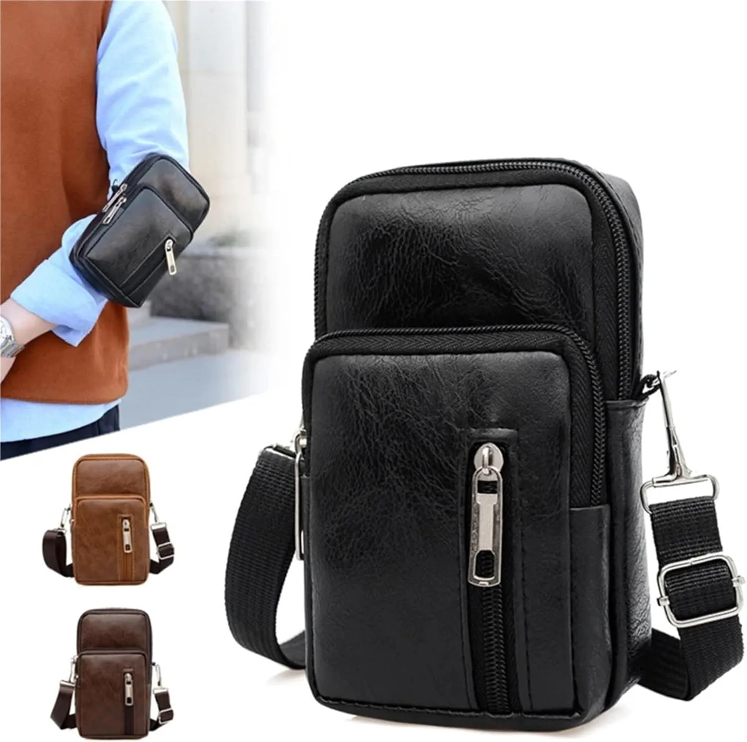 Men's PU Leather Waist Packs Phone Pouch Bags Men Handbag Bag Small Chest Shoulder Belt Bag Crossbody Bags Purse For Outings(Black)