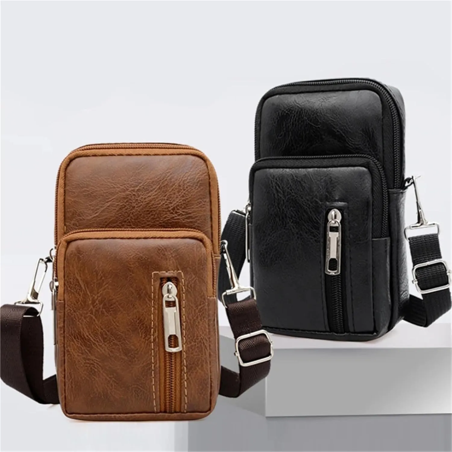 Men's PU Leather Waist Packs Phone Pouch Bags Men Handbag Bag Small Chest Shoulder Belt Bag Crossbody Bags Purse For Outings(Black)