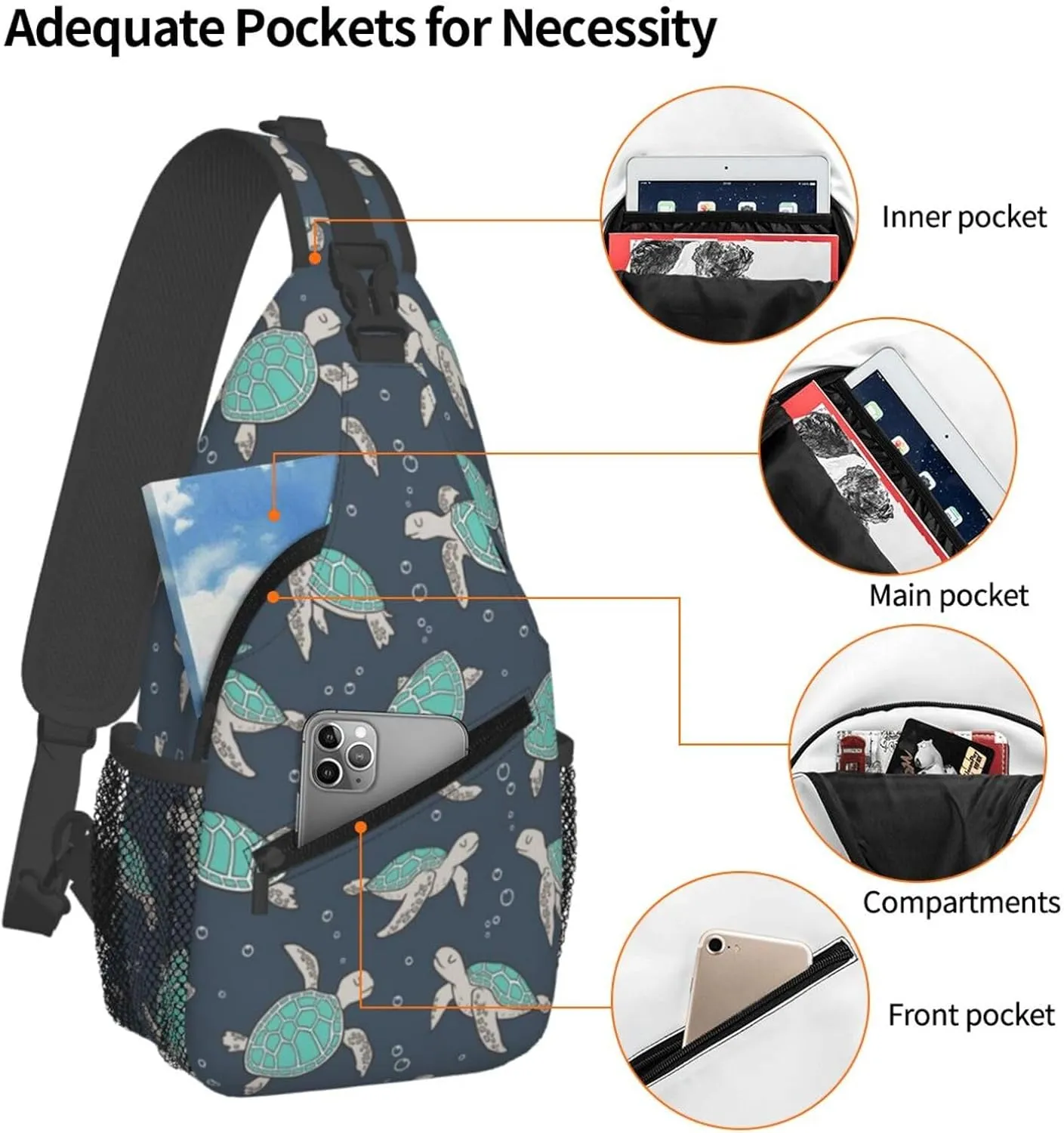 Mens Sling Bag Shoulder Backpacks for Sea Turtles Green Chest Bags, Anti Theft Crossbody Bag Multi Purpose Daypacks for Hiking Sports