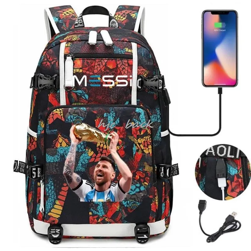 Messi Ronaldo Neymar Backpack SchoolBags Camouflage USB 18 inch Laptop  Waterproof Multifunctional Business Travel