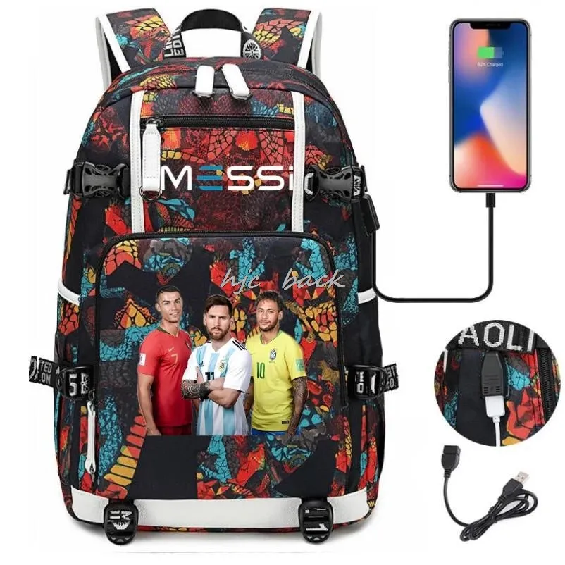 Messi Ronaldo Neymar Backpack SchoolBags Camouflage USB 18 inch Laptop  Waterproof Multifunctional Business Travel