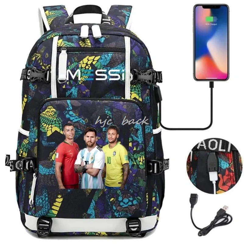 Messi Ronaldo Neymar Backpack SchoolBags Camouflage USB 18 inch Laptop  Waterproof Multifunctional Business Travel