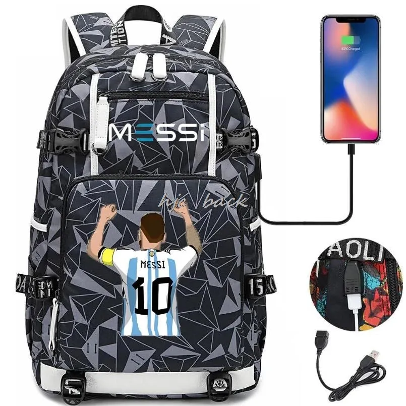 Messi Ronaldo Neymar Backpack SchoolBags Camouflage USB 18 inch Laptop  Waterproof Multifunctional Business Travel