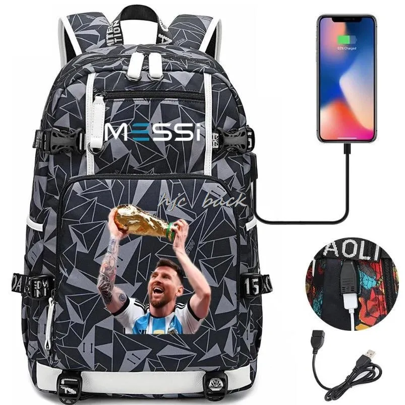 Messi Ronaldo Neymar Backpack SchoolBags Camouflage USB 18 inch Laptop  Waterproof Multifunctional Business Travel