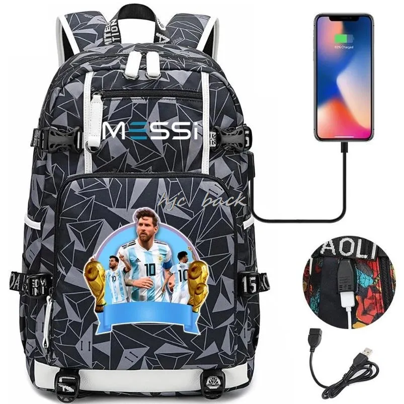 Messi Ronaldo Neymar Backpack SchoolBags Camouflage USB 18 inch Laptop  Waterproof Multifunctional Business Travel