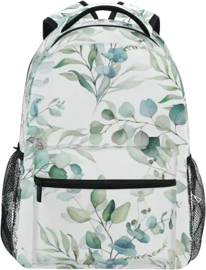 Miaoquhe Sage Green Leaves Backpacks for School Student, Watercolor Eucalyptus Leaf Laptop Backpacks for Kids Boys Girls, Floral Bookbags for Outdoors Travel Hiking Camping