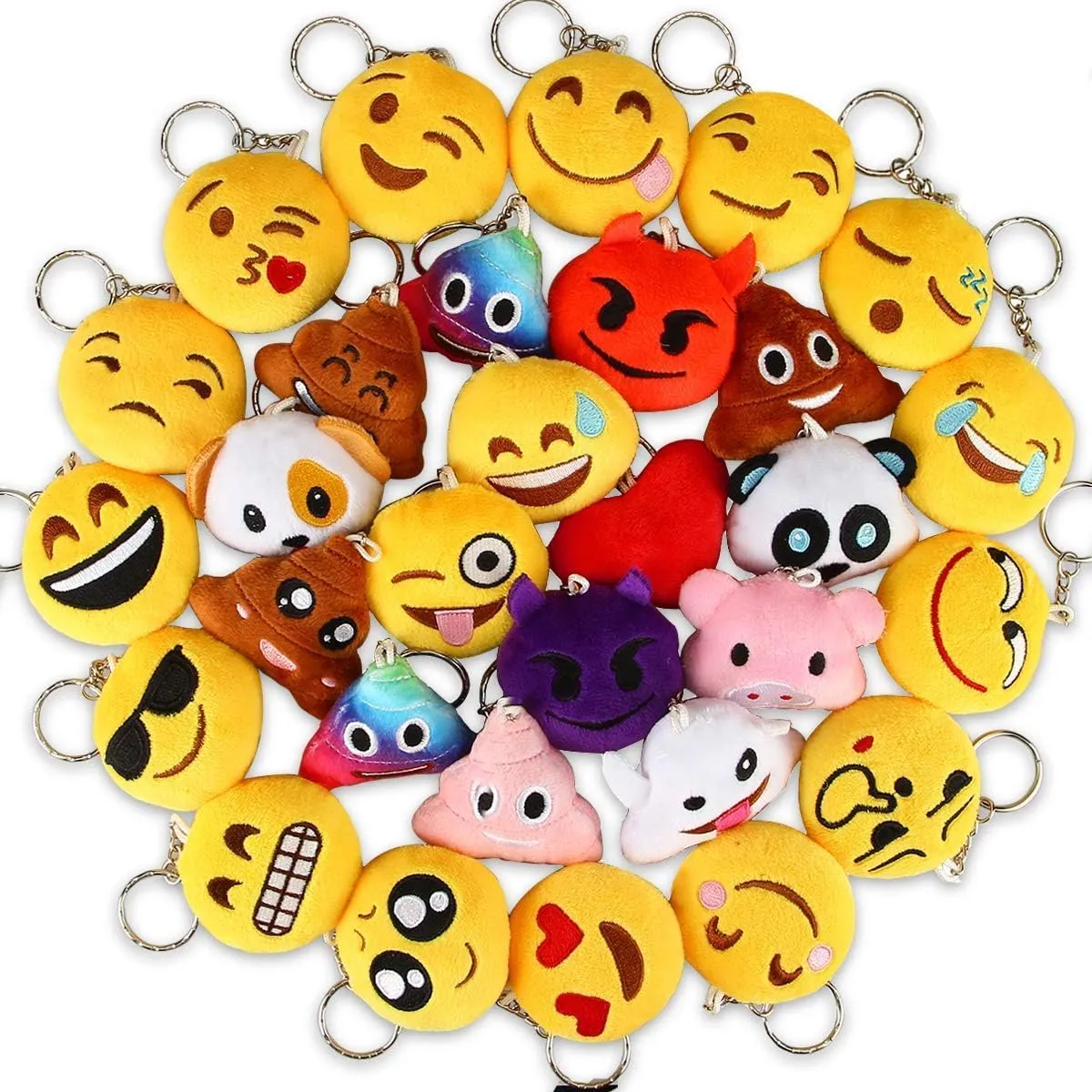 Mini Plush Keychain Set, 30Pieces, Assorted Emoticon Stuffed Toys,Backpack Plush Hangers - Great Party Favor or Gift Basket Item