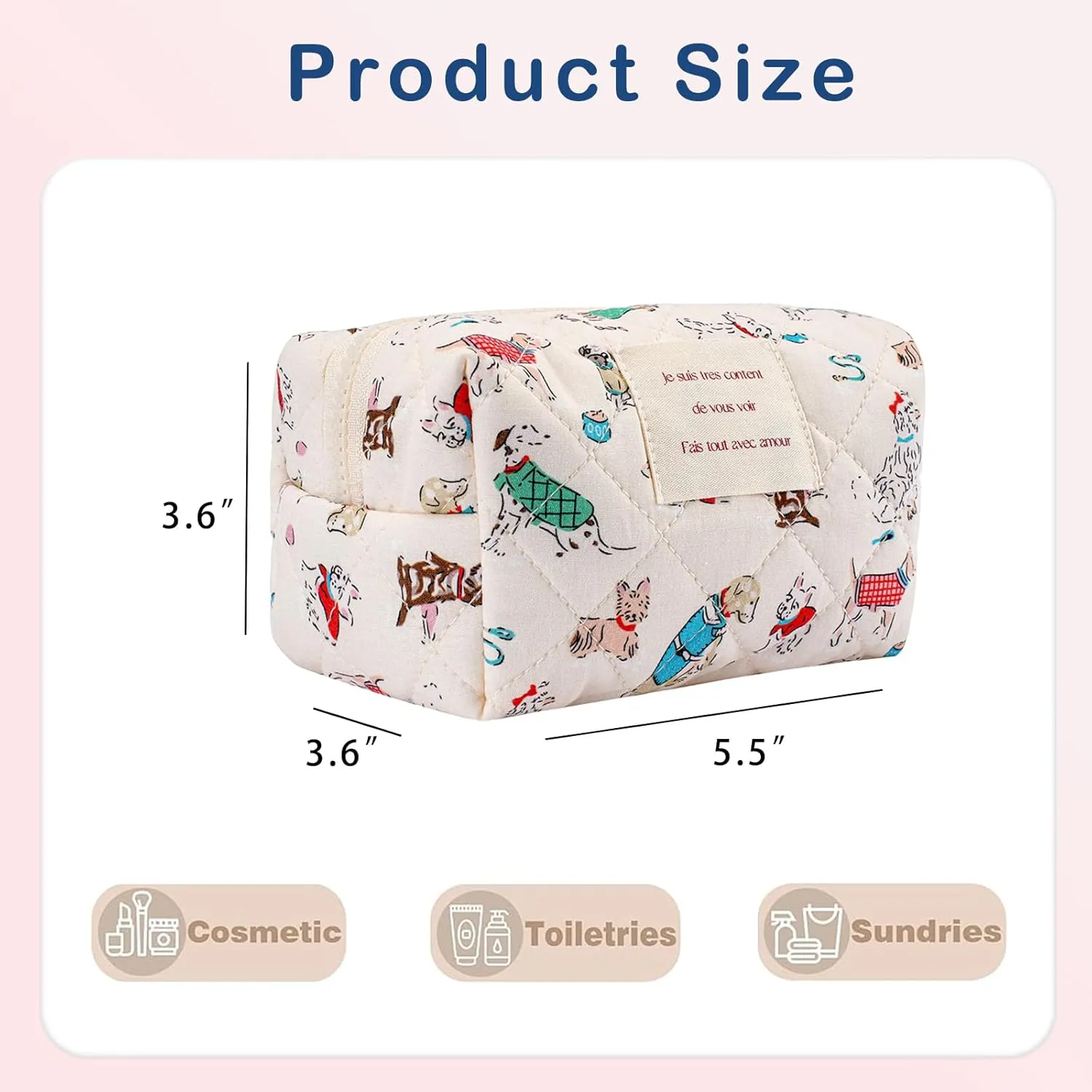 Mini Size Quilted Cotton Makeup bag Cute Animal Cosmetic bag,Cotton Aesthetic Makeup Bag Large Capacity Travel Toiletry Bag for Women and Girls(Mini Puppy)
