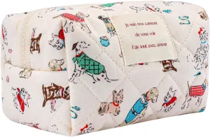 Mini Size Quilted Cotton Makeup bag Cute Animal Cosmetic bag,Cotton Aesthetic Makeup Bag Large Capacity Travel Toiletry Bag for Women and Girls(Mini Puppy)