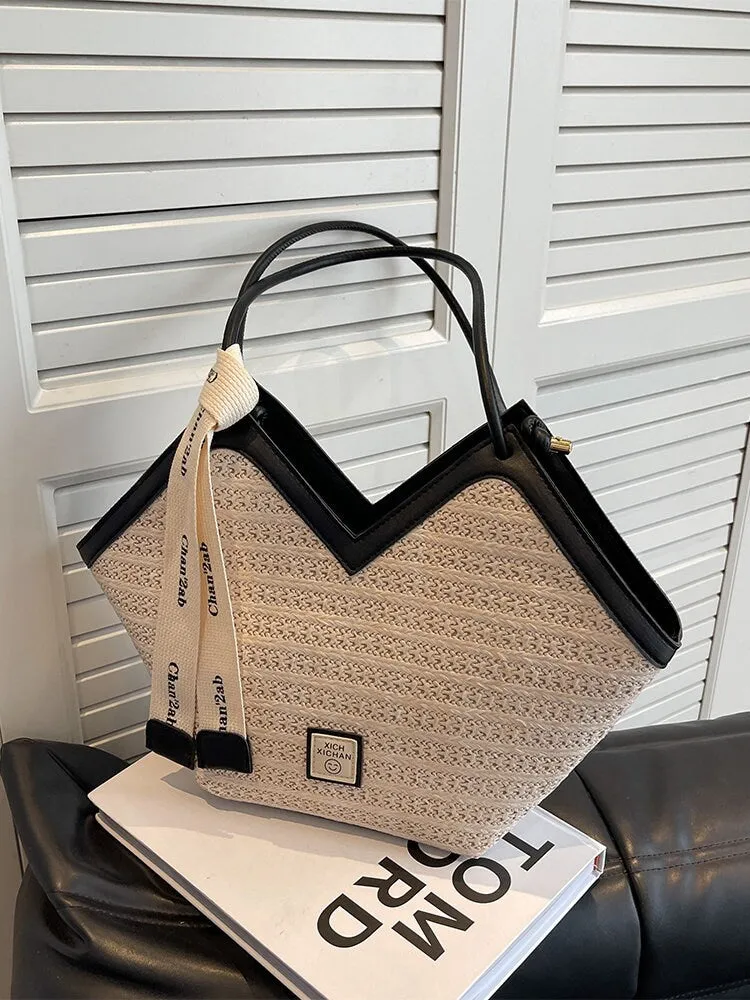 Minimalist Handwoven Straw Bag, Leather Straps Shoulder Bag, Summer Basket Handbag, Beach Market Bag, Woven Tote Bag for Women, Elegant Bag