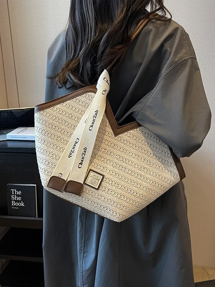 Minimalist Handwoven Straw Bag, Leather Straps Shoulder Bag, Summer Basket Handbag, Beach Market Bag, Woven Tote Bag for Women, Elegant Bag