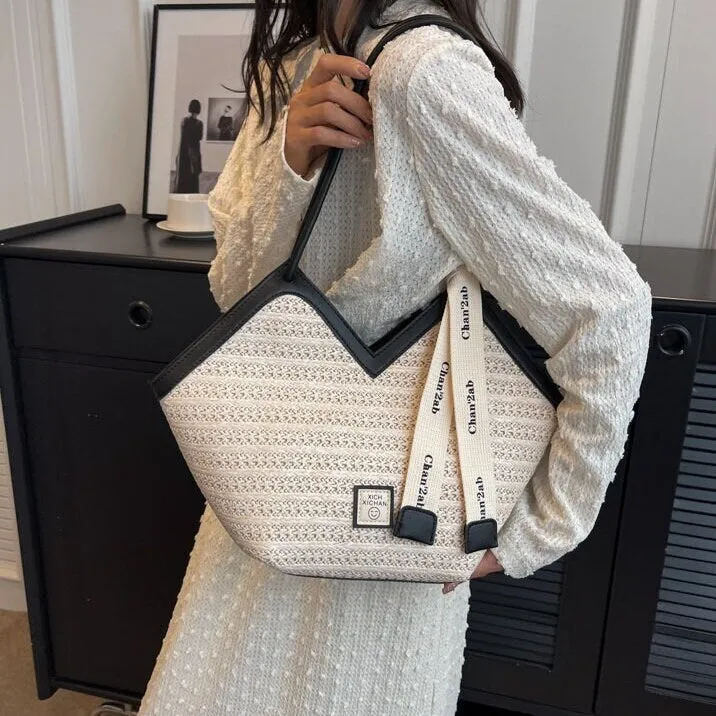 Minimalist Handwoven Straw Bag, Leather Straps Shoulder Bag, Summer Basket Handbag, Beach Market Bag, Woven Tote Bag for Women, Elegant Bag