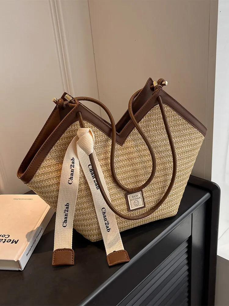 Minimalist Handwoven Straw Bag, Leather Straps Shoulder Bag, Summer Basket Handbag, Beach Market Bag, Woven Tote Bag for Women, Elegant Bag