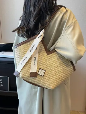 Minimalist Handwoven Straw Bag, Leather Straps Shoulder Bag, Summer Basket Handbag, Beach Market Bag, Woven Tote Bag for Women, Elegant Bag