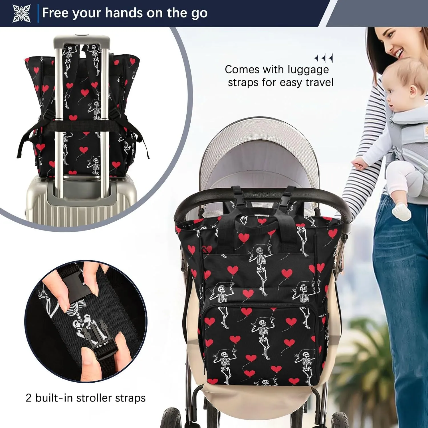 MNSRUU Diaper Bag Romantic Skull Gothic Diaper Bag Backpack Multifunction Travel Diaper Bag Tote Large Capacity Diaper Changing Backpacks for Moms Dads