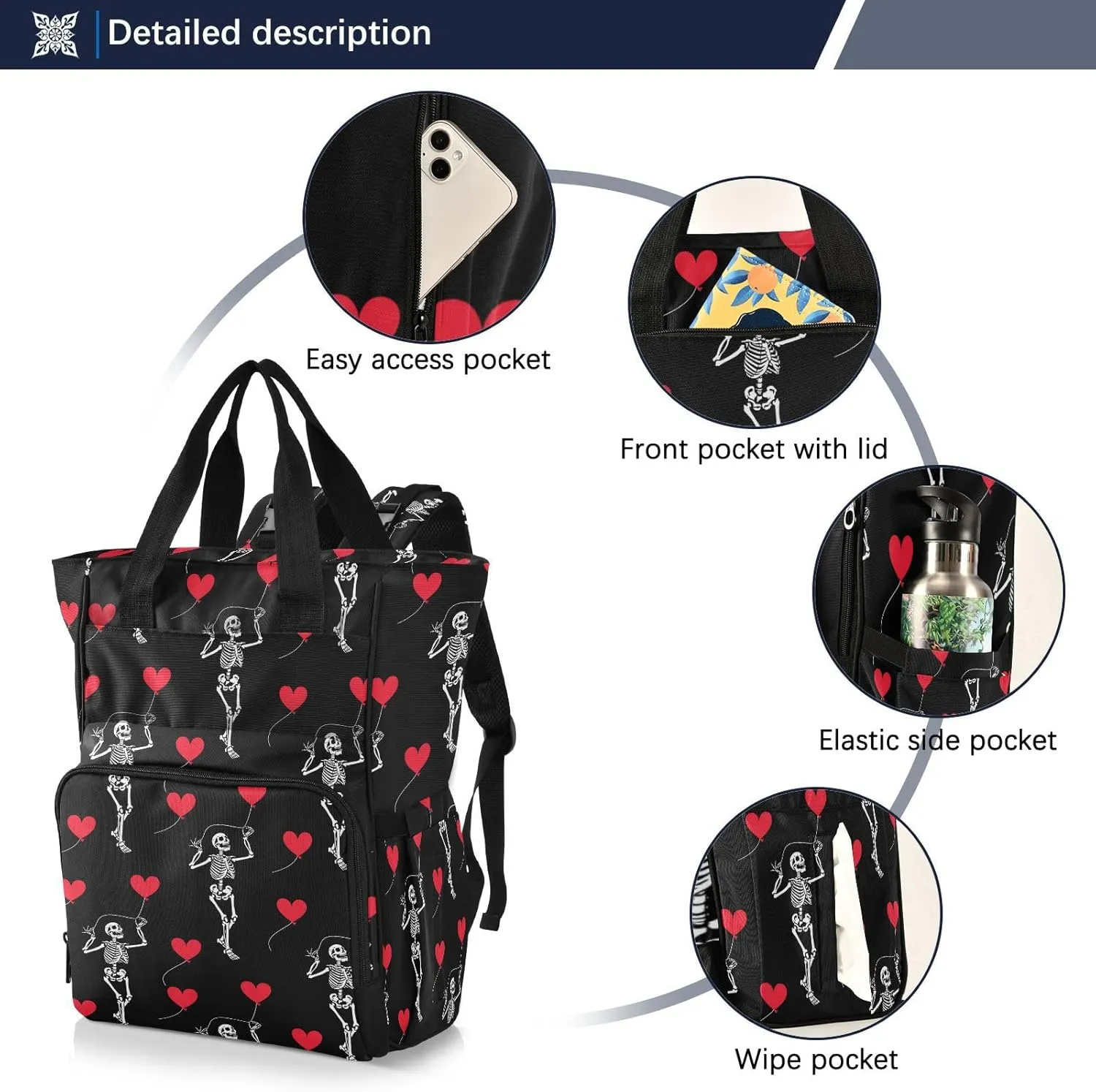 MNSRUU Diaper Bag Romantic Skull Gothic Diaper Bag Backpack Multifunction Travel Diaper Bag Tote Large Capacity Diaper Changing Backpacks for Moms Dads
