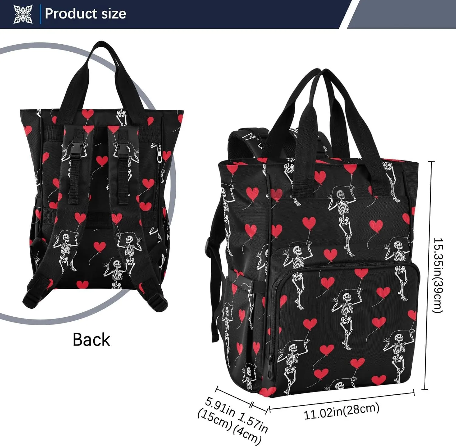 MNSRUU Diaper Bag Romantic Skull Gothic Diaper Bag Backpack Multifunction Travel Diaper Bag Tote Large Capacity Diaper Changing Backpacks for Moms Dads
