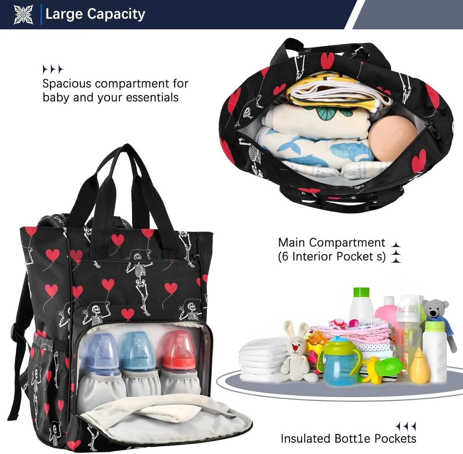 MNSRUU Diaper Bag Romantic Skull Gothic Diaper Bag Backpack Multifunction Travel Diaper Bag Tote Large Capacity Diaper Changing Backpacks for Moms Dads