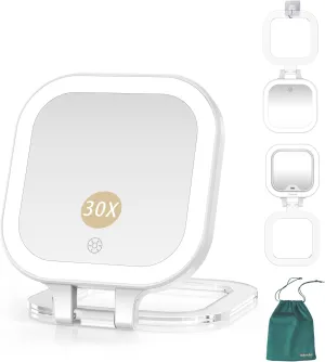 Mocado Compact Travel Makeup Mirror, 1X/30X Magnifying Mirror with Light, Double Sides Compact Mirror with 3 Color Light, Dimmable Handheld Mirror, Rechargeable Travel Mirror for Purse,Pocket(White)