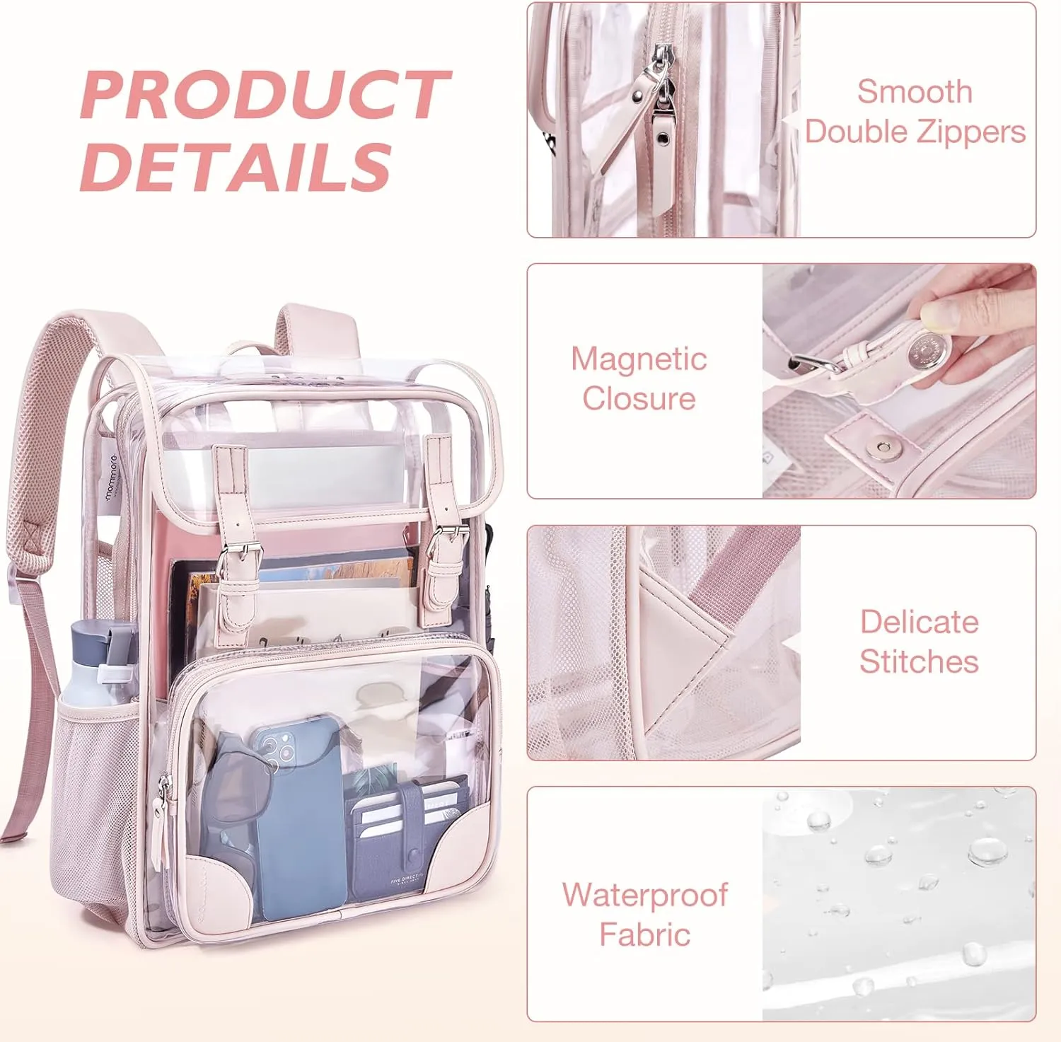 mommore Clear Backpack Heavy Duty Large Clear Backpacks for School Transparent PVC See Through Bookbag for College Work Travel