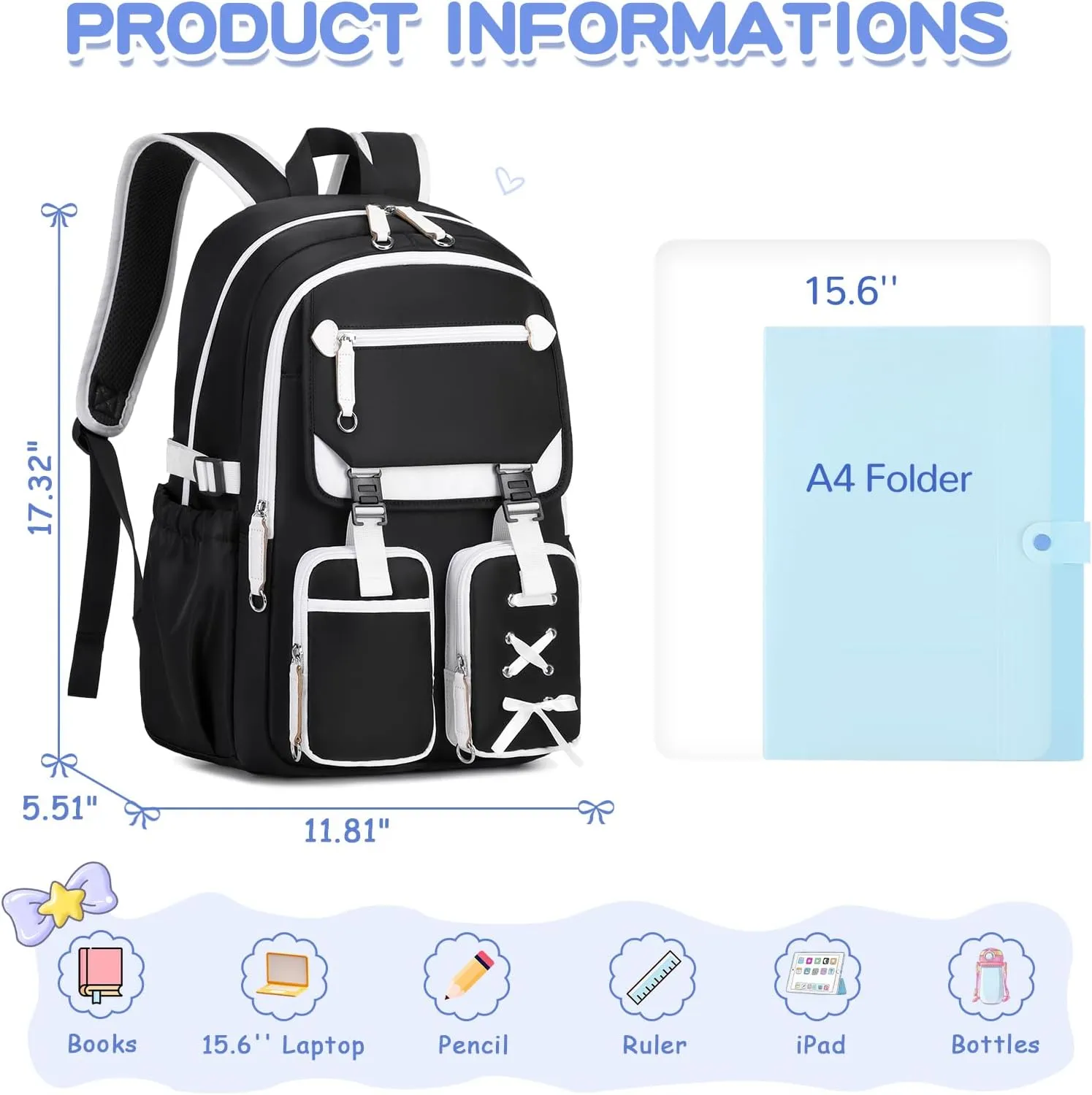 MOONBABY Kids Backpacks for Girls Teens Kawaii Bookbag for Elementary Primary Middle High School Daypack,Black