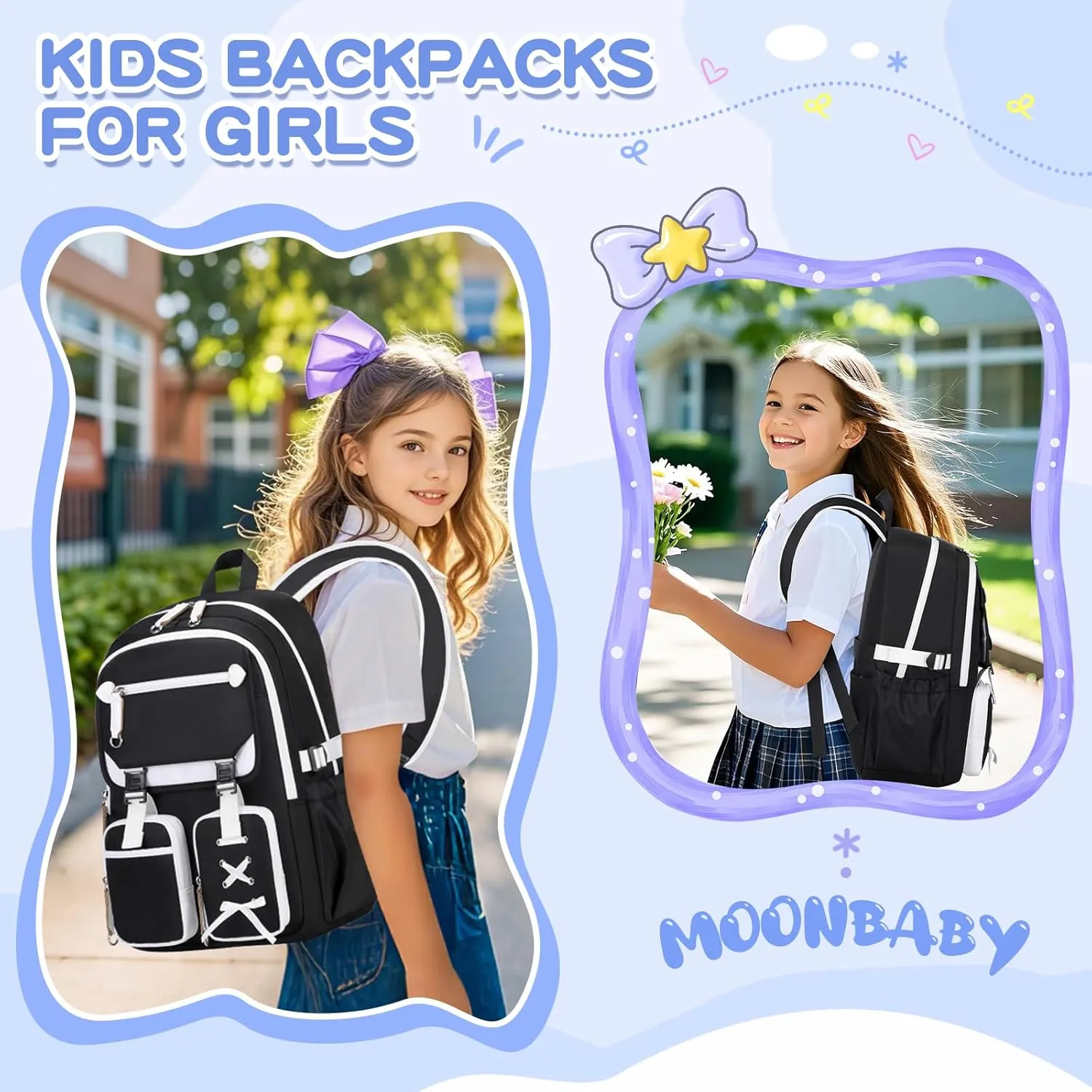MOONBABY Kids Backpacks for Girls Teens Kawaii Bookbag for Elementary Primary Middle High School Daypack,Black