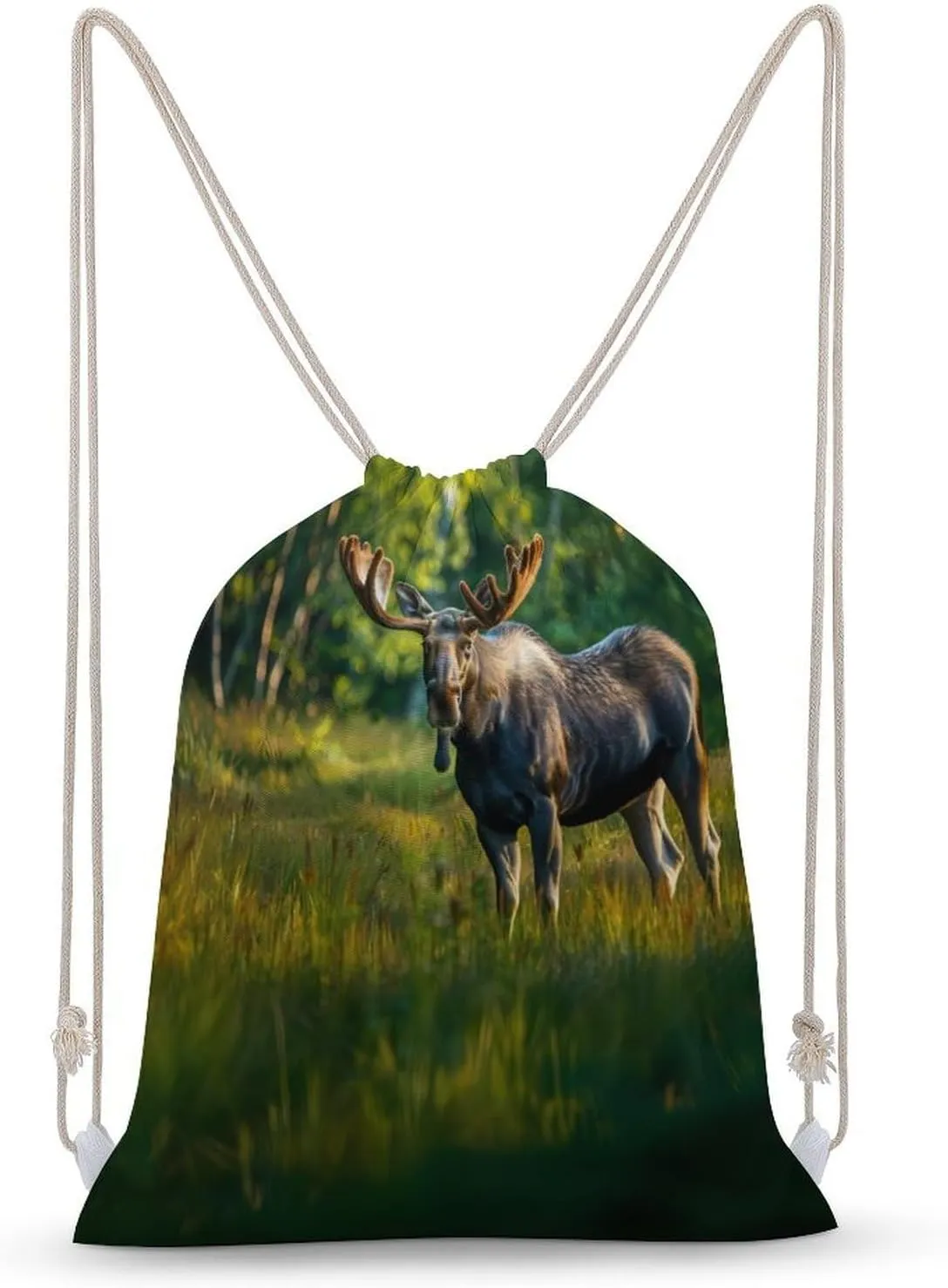 Moose in Forests Drawstring Backpack Travel String Shoulder Bag Canvas Sport Sackpack for Gym Shopping Yoga