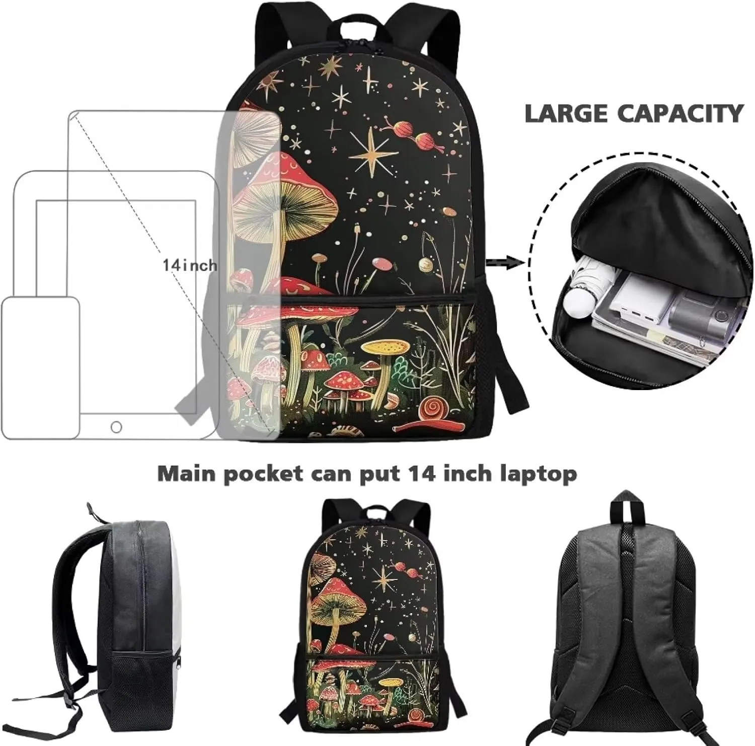Mushroom School Bags for Girls Backpack 10-12 Years Old Middle School Student Bookbag With Water Bottle Holder Kids Book Bags 6Th Grade/7Th Grade 17inch Casual Daypack Moon and Star